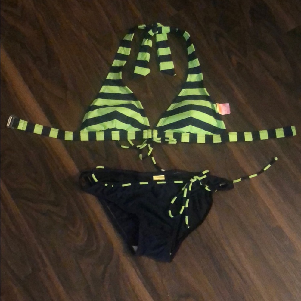 Sexy Bikini Striped Lime Green & Navy Halter XS
